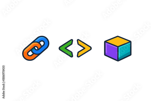 Symbols showing a link, code arrows, and a colored cube representing different concepts in technology and design