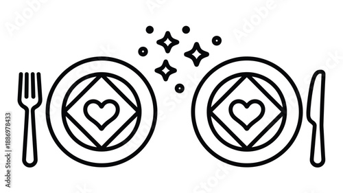 Outline icon Romantic dinner table for two with heart plates, fork, knife, symbolizing love and special moments