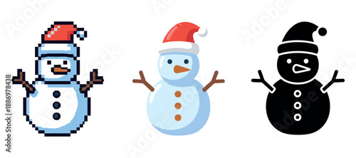 Three festive snowmen illustrations with red santa hats on white background