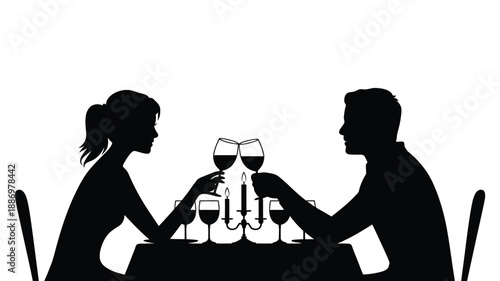 Silhouette of a couple, toasting with wine at a candlelit table for a romantic dinner, celebrating love, intimacy, and cozy evening together.