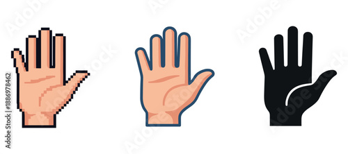 Pixelated, outlined, and silhouette hand illustrations on white background