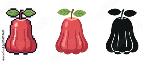 Pixelated, flat, and silhouette apple fruit designs with green leaves