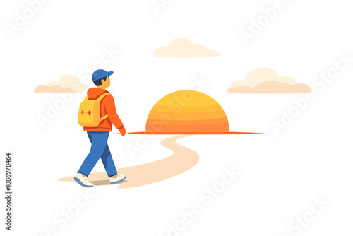 Walking on a path during sunset with a backpack in the background of a warm sky and clouds