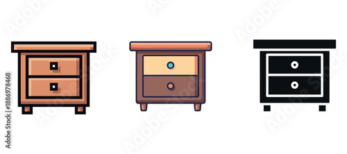 Three illustrated wooden nightstands in different styles and colors