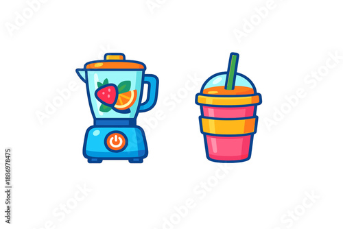 Blender and cup with smoothie at a kitchen counter preparing a drink with fruits and vegetables on a bright background during daytime