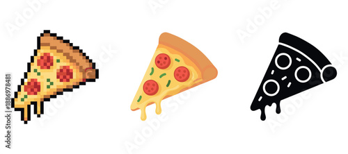Pixelated, cartoon, and silhouette pepperoni pizza slices on white background