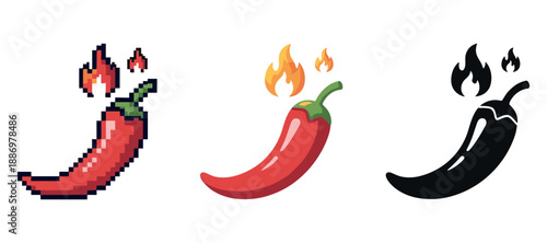 Trio of fiery chili pepper icons: pixel art, cartoon, silhouette