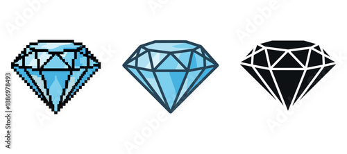 Pixelated, flat, and geometric blue diamonds side by side on white background