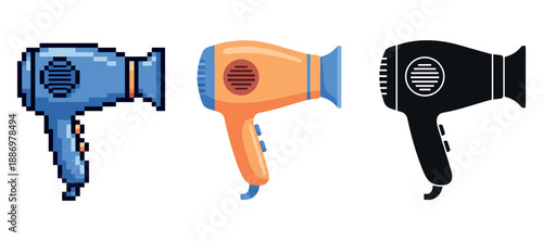 Hair dryer designs: pixel art, retro style, and silhouette variations