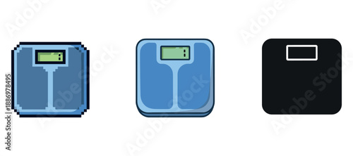 Pixelated, modern, and silhouette blue weighing scales on white background