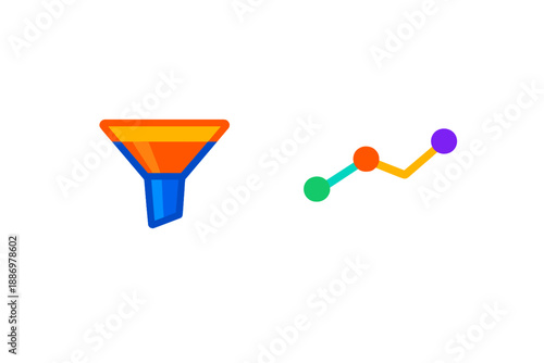 Funnel and line graph icons used for data analysis and visualization in digital applications and presentations