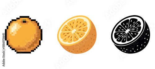 Pixelated orange, detailed orange slice, black and white orange illustration