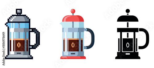 Pixel art, flat, and silhouette french press coffee makers side by side