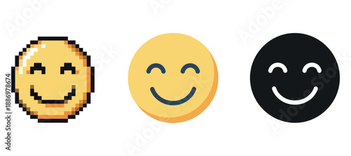 Diverse smiley faces: pixel, flat, and solid designs
