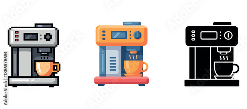 Variety of coffee makers: pixel art, cartoon, and silhouette designs