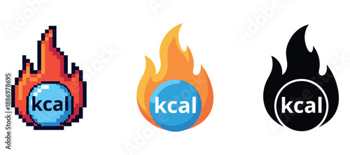 Pixelated, flat, and black-and-white fire icons featuring the word kcal