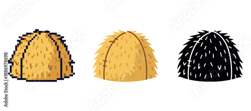 Pixelated, colored, and silhouette haystacks on white background