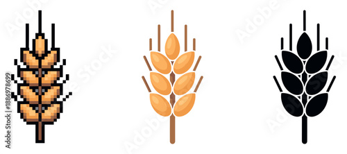 Triple wheat ear designs: pixel, flat, and silhouette styles