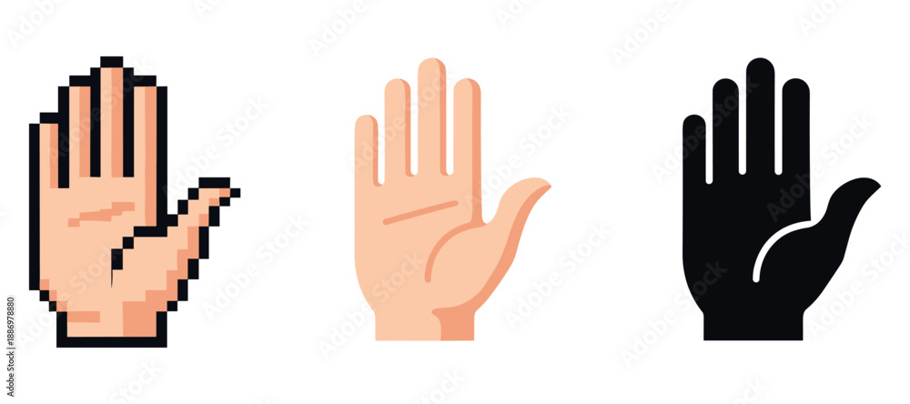 Obraz premium Three diverse hand illustrations in pixel, vector, and silhouette styles