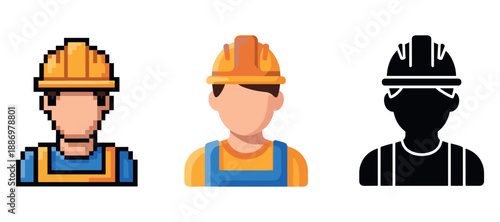 Construction worker icons: pixel, flat, and silhouette designs with hard hats