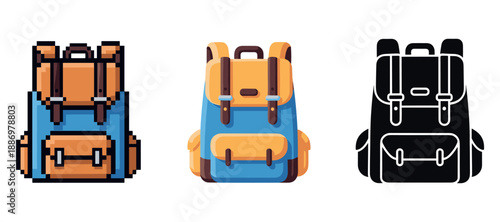 Pixel art, flat design, and silhouette backpacks: blue and orange styles