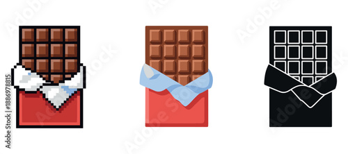 Pixel, cartoon, and silhouette chocolate bar trio with red wrappers on white
