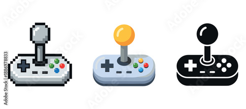Retro gaming joysticks: pixel art to modern design with colorful buttons