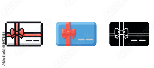 Set of gift cards with bow designs in pixelated, flat, and silhouette styles