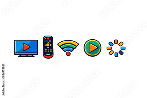 Icons show common devices and tools used for media consumption at home, including a television, remote control, Wi-Fi symbol, play button, and loading circle