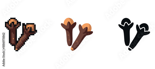 Clove spice icons: pixel, flat, and silhouette styles on white background