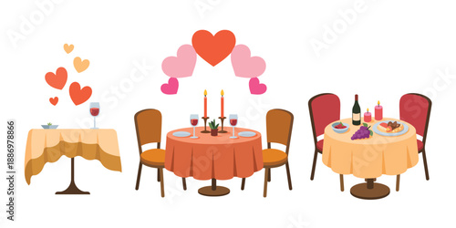 Romantic dining table illustrations, for Valentine’s Day, anniversaries and special intimate date nights, decorated with candles, wine and love themed elements.