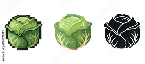 Trio of cabbage art styles: pixel, realistic, and silhouette illustrations