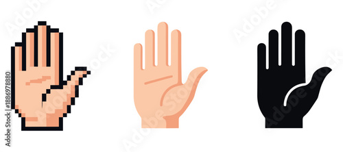 Three diverse hand illustrations in pixel, vector, and silhouette styles
