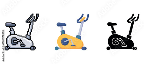 Pixelated, illustrated, and silhouette stationary exercise bikes in different styles