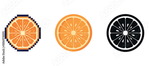Pixelated, flat, and silhouette orange slices: three styles in comparison