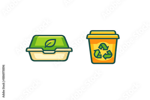 Icons showing a food container with a leaf design next to a recycling bin with recycling symbols illustrating waste sorting and environmental care