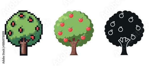 Pixelated, cartoon, and silhouette apple tree variations