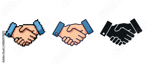 Evolution of handshake icons: pixelated, colored, and silhouette styles