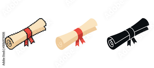 Pixelated, minimalist, and silhouette rolled scroll icons with red ribbons