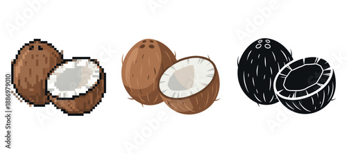 Pixel art, cartoon, and silhouette coconuts on white background