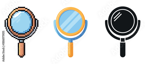 Digital magnifying glass icons: pixelated, colorful and minimalist designs