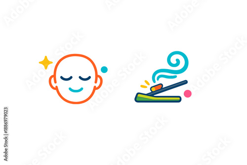 Icons showing a relaxed face and an incense stick producing smoke, representing mindfulness and well-being practices in daily life