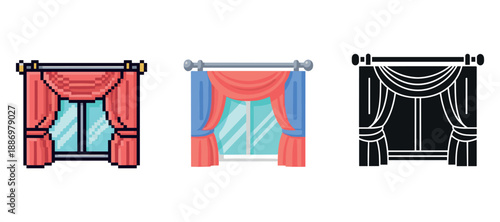 Set of window curtains: red drapes with blue accents and black silhouette design