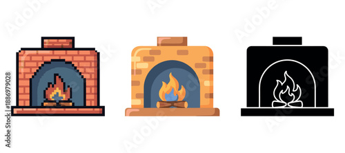 Three fireplace designs: pixel art, cartoon, silhouette on white background