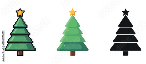 Three stylized christmas trees: pixel, cartoon, silhouette on white background