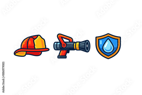 Fire safety equipment includes a fire helmet, a fire hose nozzle, and a water shield symbol showing the importance of fire prevention practices