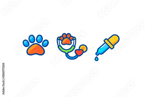 Three simple icons showing a pet paw, a stethoscope with a heart, and a dropper with liquid, all on a white background
