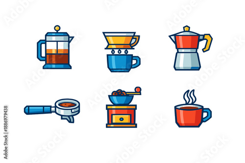 Different coffee brewing methods and tools are shown together on a white background in a colorful design