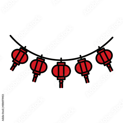 Red Chinese Lanterns Hanging on Wire.