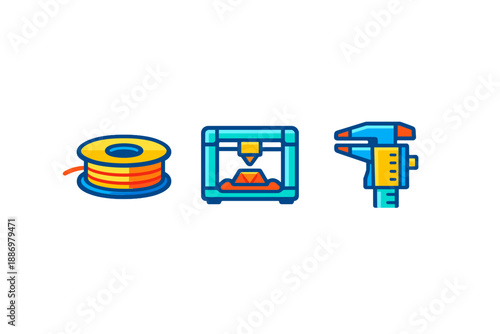 3D printing tools display spool of filament, 3D printer, and caliper in simple design showing equipment for manufacturing and prototyping